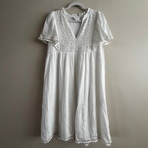 Maison 123 Paris White Eyelet Embroidery Midi Dress Size L Flutter Sleeve Ruffle